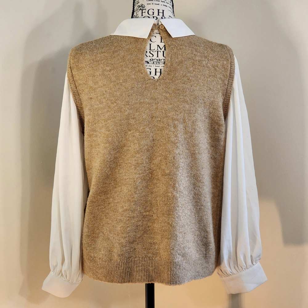 CeCe Soft Tan Knit Vest With Collar And Sleeves - Picture 4 of 13